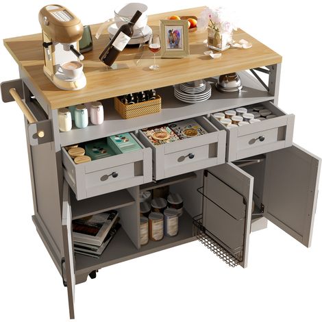 Îlot de cuisine, plateau rabattable, 118 x 43 cm, coloris gris (1/5)