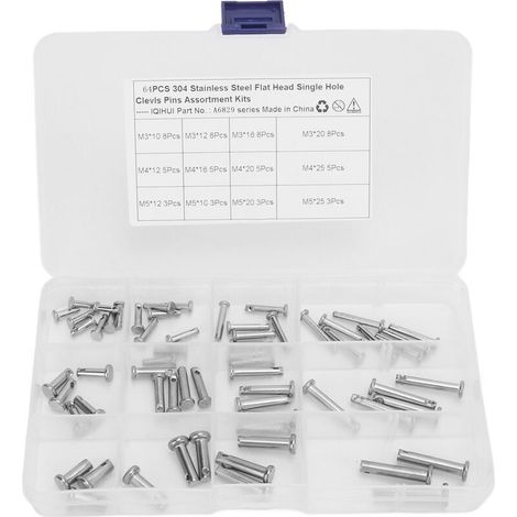 Kit assortimento di 64 perni a forcella rotondi in acciaio inox a forma di T, con foro singolo e testa piatta, per auto (12 misure in totale) (1/5)