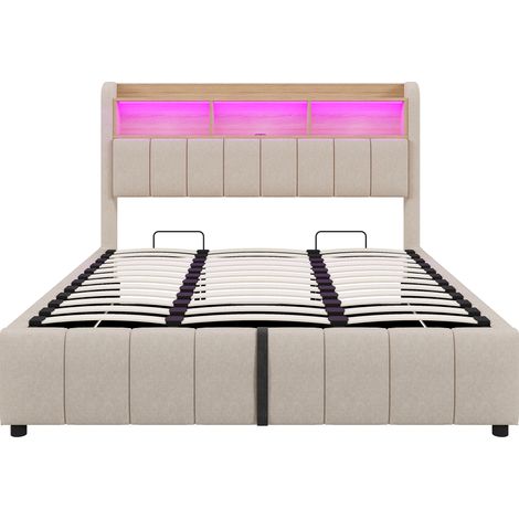 Letto contenitore imbottito 180 x 200 cm in lino beige con LED, USB e vano contenitore idraulico (1/5)