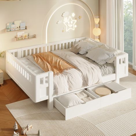 Lit plateforme 140x200 cm avec haut garde-corps de sécurité et 2 grands tiroirs de rangement, lit enfant gain de place, bois massif et MDF, Blanc (1/5)