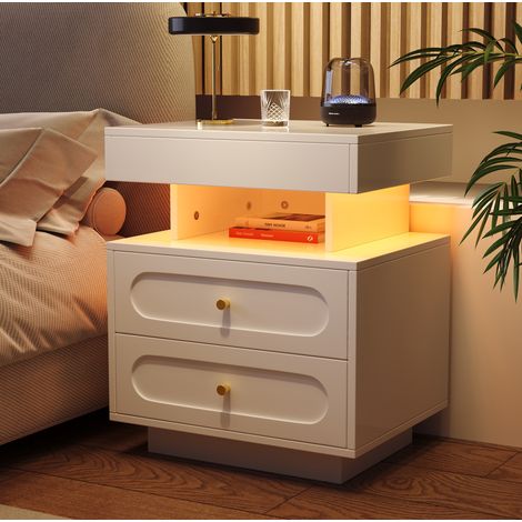 Comodino 50x40x60 cm bianco in truciolare con LED, 2 cassetti e vano aperto (1/5)