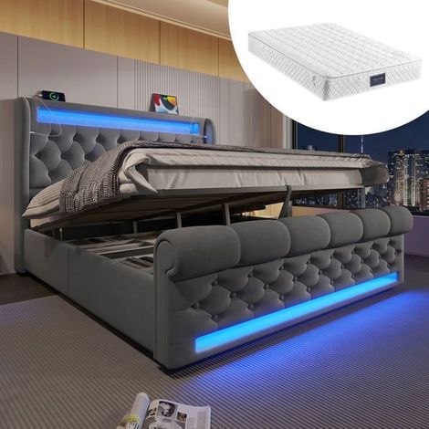 Lit Coffre 140x200cm avec Tête de Lit Multifonction - Lit 2 Places - LED, USB-C, Rangement Hydraulique, Matelas Inclus, Gris (1/5)