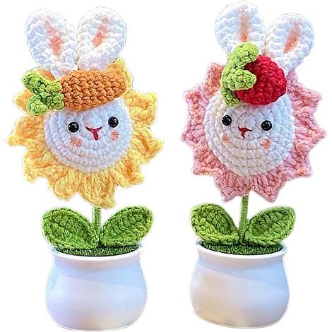 Decoración para oficina/coche  Mini macetas de alambre, hechas a mano, con conejo, girasol y carita sonriente  Juego de 2 diseños (conejo girasol + conejo fresa) (1/5)