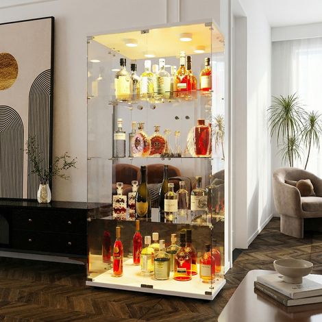 Vetrinetta in Vetro,Vetrinetta Espositiva LED RGB a 7colori,Vetrina Soggiorno Moderna con 4 Ripiani in Vetro con 2Porta e Serratura,Vetrine per Collezionismo,164x80.5×36.5cm,Vetro Specchio,Bianco