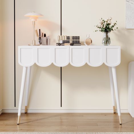 Coiffeuse, table de toilette, avec 2 tiroirs, pieds en métal, blanche, dimensions : L 100 × P 40 × H 76 cm