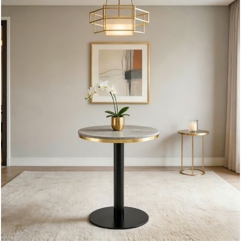 Runder Beistelltisch 60x60x73.7 cm grau aus MDF und Metall mit Marmor-Optik und goldenem Rand (1/5)