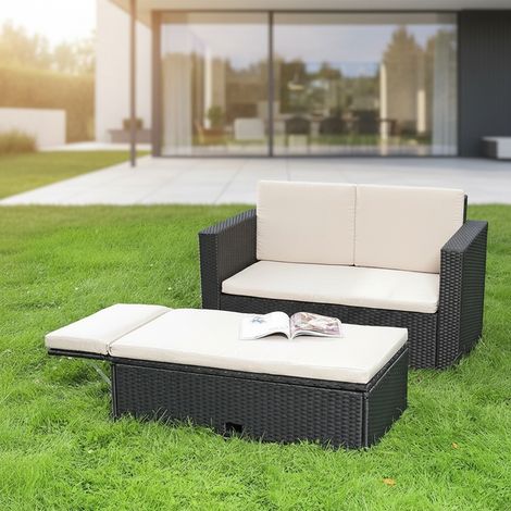 Melko Gartensofa mit Fußbank Polyrattan Schwarz Wintergarten Sitzgruppe Garnitur 