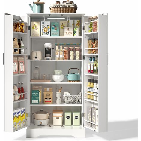 Hochschrank Küche, Stauraumschrank mit automatischer LED-Beleuchtung, 5 Ebenen und 10 Türregale, 60×35×128 cm