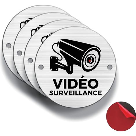 Panneaux d'avertissement vidéo, 4 pièces, φ85 mm, aluminium brossé, épaisseur 3 mm, intérieur/extérieur, avec autocollants et trous (VIDÉO SURVEILLANCE) (1/5)