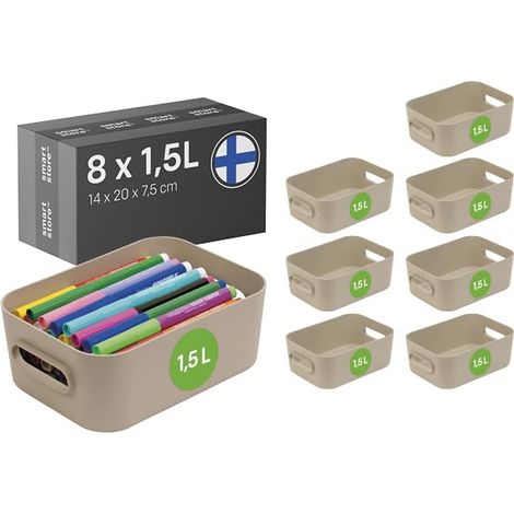 Panier de Rangement 8× 1.5 L  Petite boite de rangement pour étagères, salle de bain, bureau  Rangement Multiusage en plastique recyclé  Beige L20 x W14 x H7,5 cm (1/5)