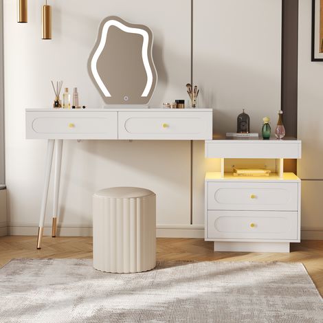 Coiffeuse blanche avec miroir LED et éclairage - Ensemble de coiffeuse pour chambre avec 4 tiroirs spacieux et 1 compartiment de rangement ouvert - Blanc, dimensions: B140/T40/H130 cm (sans tabouret) (1/5)