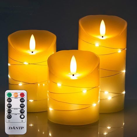 3 bougies LED avec guirlandes, télécommande, minuterie 24h, cire véritable, piles. (1/4)