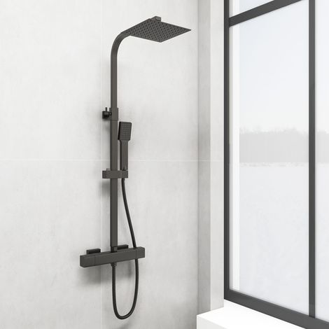 SKY Bathroom Matte Black Thermostatic Mixer Shower Set Square Dual Head Exposed Valve (1/5)