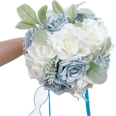 (141-Blanc + Bleu clair) Bouquet de roses artificielles blanc ivoire pour la mariée, bouquet de mariage aux tons clairs (1/3)