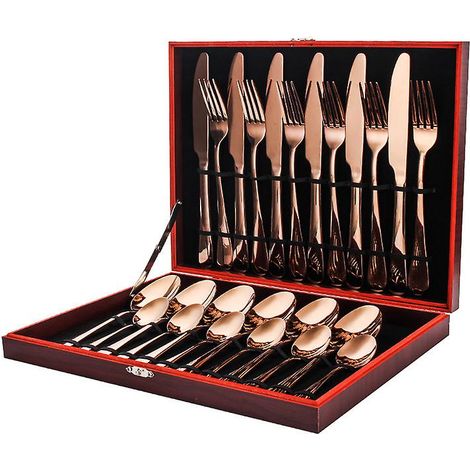 Couverts, ensemble de 24 couverts en acier inoxydable, coffret en bois couleur or rose (1/5)