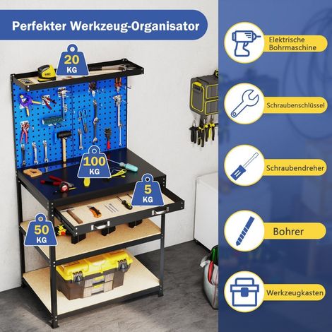 Etabli 81 x 41 cm table de travail capacite de charge 225 kg avec paroi perforee et amp tiroirs et amp etageres bleues (1/5)