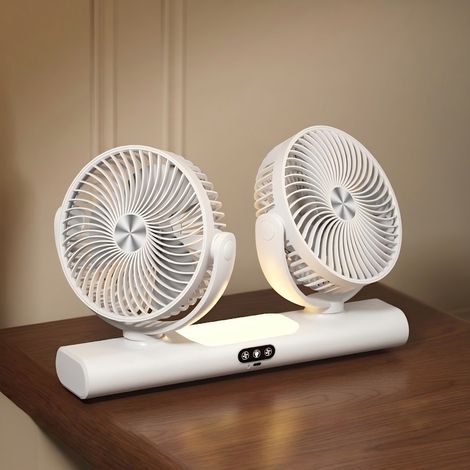 Ventilateur de table rechargeable 3000mAh – 3 vitesses – Ventilateur à double tête avec veilleuse - Rotation à 360° - Pour bureau, maison, camping - Blanc (1/5)