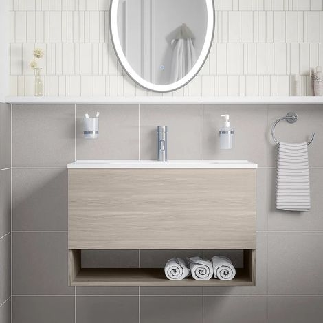 Meuble suspendu 60 cm en chêne gris avec un tiroir un compartiment ouvert et un lavabo Sauris (1/4)