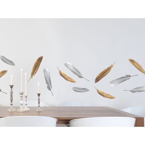 Sticker mural autocollant plumes dorées et argentées, 24 cm X 68 cm, décoration murale, décoration intérieure, décoration chambre. (1/5)