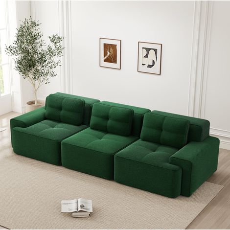 Canapé modulaire 3 places en velours côtelé vert, assise profonde 74 cm, sans montage (1/5)