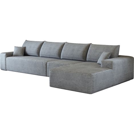 Canapé d'angle modulaire 340 cm avec chaise longue en velours côtelé gris, assise profonde et confort moelleux, livré compressé sans montage pour salon - CHICFURN (1/5)