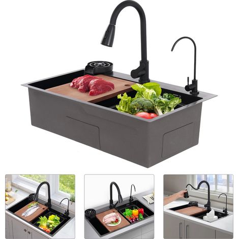 Lavello da cucina in acciaio inox con rubinetto estraibile, montaggio a incasso/da appoggio/da appoggio, set multifunzione, 75 x 45 x 22 cm (1/5)