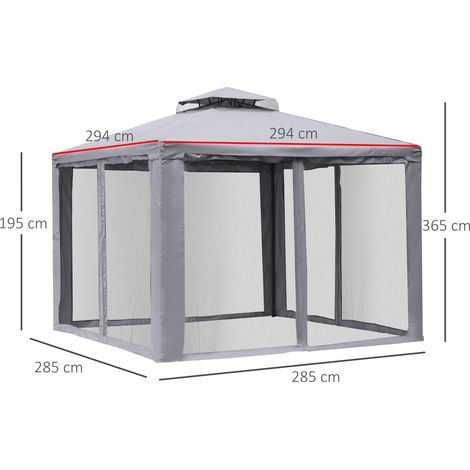 Outsunny Pavillon mit Doppeldach, ca. 3x3 m Wasserdicht Stabil Winterfest Gartenpavillon mit Moskitonetz, Seitenteile, Garten-Pavillon aus Metall, für Garten, Terrasse, Hellgrau