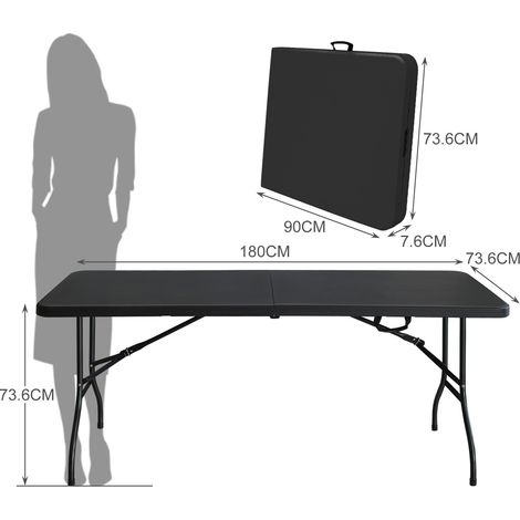 Tavolo pieghevole portatile 180 cm nero in plastica e ferro, con maniglia, 135 kg (1/4)