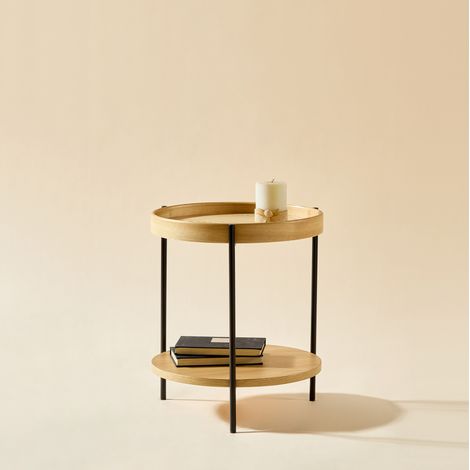 Table basse ronde Ø69x38 cm naturel en bois massif et MDF à double plateau (1/5)