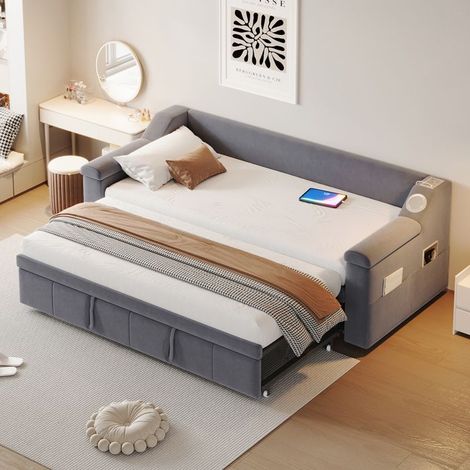 Canapé-lit capitonné velours gris 1 place 90x190 → 180x190, accoudoirs Bluetooth & USB, rangement, sommier à lattes (1/5)
