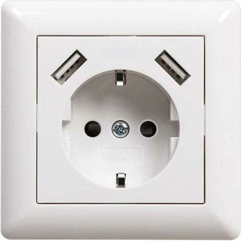 Unterputz-USB-Steckdose mit USB-Anschluss (max. System 55), Wandmontage mit Schutzkontakt für Smartphone/MP3-Player, Hochglanzweiß, 2,1 A - KZQ
