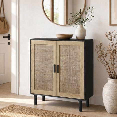 MEUBLIV Mueble buffet 80x40x88 cm negro, 2 puertas de ratán, estante interior (1/5)