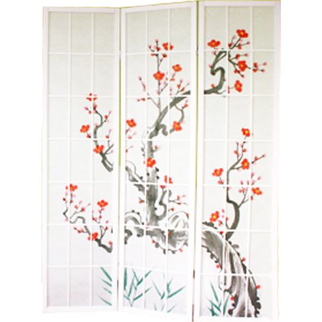 Pegane – Paravent en bois verni blanc – 3 panneaux avec fleurs de cerisier – Charnières double sens – Panneaux quadrillés et papier de riz (1/4)