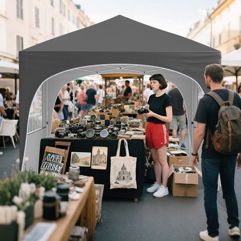 Tonnelle de Jardin 3x3M avec 4 Parois Latérales Amovibles Tente de Reception Portable avec Sac à Roulettes 8 Piquets 4 Ancres Gris (1/2)