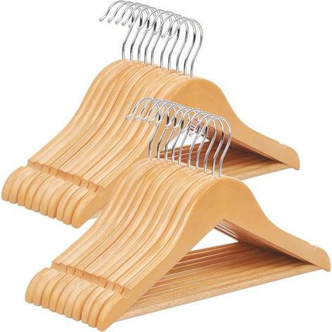Kleiderbügel aus Holz für Kinder, 20er-Set, mit Aufhängestange, Einkerbungen, 360° drehbarem Haken, Länge 44,5 cm, Natur + Silber (1/5)