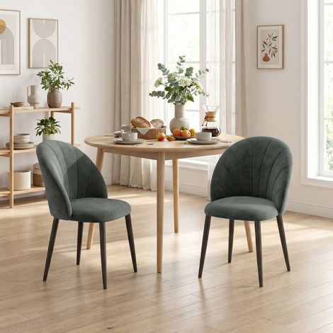 Set 2 Sedie da Pranzo Imbottite con Schienale a Conchiglia in Velluto, 52x55x79 cm, Grigio
