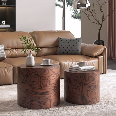 Set di 2 tavolini da caffè rotondi ad incastro 48x48x38 cm e 38x38x32 cm, effetto ceppo, senza montaggio, legno massello e MDF, marrone scuro (1/5)