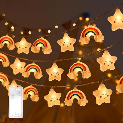 Guirnalda de luces LED con 20 LED, 3 m, forma de estrella y arcoíris, funciona con pilas, ideal para Navidad, habitación infantil, fiestas, jardín y decoración de bodas (blanco cálido (estrellas y arc (1/5)
