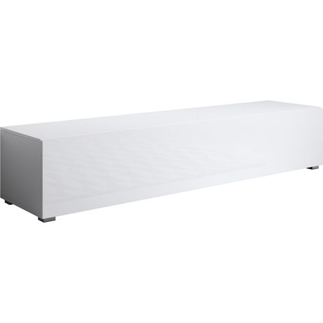 Muebles Bonitos – Meuble TV blanc brillant 160 x 32 x 40cm – 1 porte – Panneaux mélamine – Design moderne scandinave – Pieds standard
