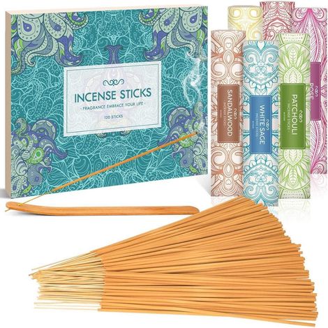 Lot de 120 Bâtons d'Encens Naturels avec Support - 6 Parfums: Santal, Patchouli, Sauge Blanche, Encens Myrrhe, Cannelle, Rose (1/5)