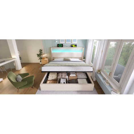 Lit hydraulique moderne avec tête de lit haute, lit double 140 x 200 cm avec éclairage LED, rangement et ports USB/Type-C, aspect lin beige (sans matelas) (1/5)