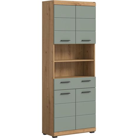 Scout Hochschrank Bad 4 Türen, 1 Schublade, 2 Regale Salbeidekor, Eiche Dekor.