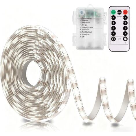 Bande LED à piles avec télécommande, lumière blanche, 8 modes, intensité réglable, minuterie, autocollante, sécable, étanche, 3 m (9,8 pi).
