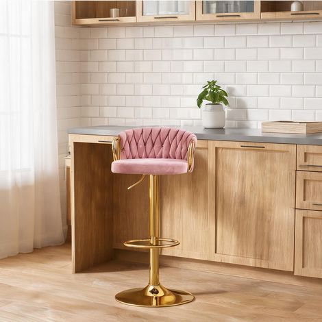 Tabouret de bar réglable en hauteur avec assise en velours rose (1/5)