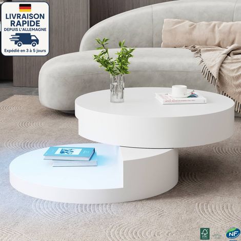 MODFU - Tavolino da caffè rotondo bianco girevole a 360 gradi con LED, struttura a 2 strati, tavolo da camera da letto e soggiorno, MDF, 70×70×35cm (1/5)