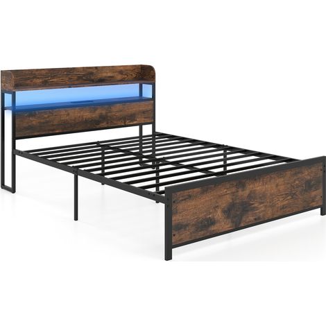 COSTWAY King Size Metal Bed Frame with LED Lights and Power Outlets Black (1/5)
