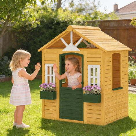 Cabane enfant extérieur en bois 2 bacs à fleurs maison enfant extérieure avec porte marron fenêtres 134.5x97x150cm style élégant
