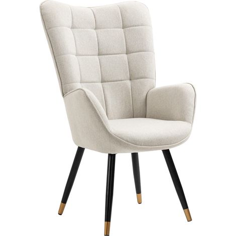 Meuble Fauteuil Scandinave Chaise de Canapé Loisirs pour Salon Salle à Manger Bureau avec Un Revêtement en Tissu, Accoudoirs Rembourés et des Pieds Métal, Beige Noir Or, 66x71x110cm (1/5)