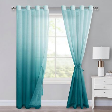 Lot de 2 rideaux en voile avec œillets, dégradé de couleur, pour chambre à coucher et salon, rideaux à passants avec tringle à rouleaux, 225 x 140 cm (H x l), turquoise (1/5)