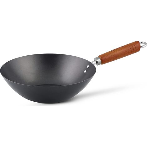 Wok Acier au Carbone, 27cm, Léger avec revêtement anti-adhésif double couche et manche en bois, Ne passe pas au lave-vaisselle (1/5)